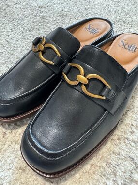 Sofft Black Leather Slip-On Mule with Gold Hardware